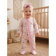 thumbnail image 3 of BemeyourBBs Newborn Baby Girl Duck Goose Outfit Infant Baby Girl Spring Summer Fall Winter Clothes Footed Romper Cute Duck Flower Bow Print Ruffled Trim Zipper Long Sleeve Footie Jumpsuit Headband, 3 of 9