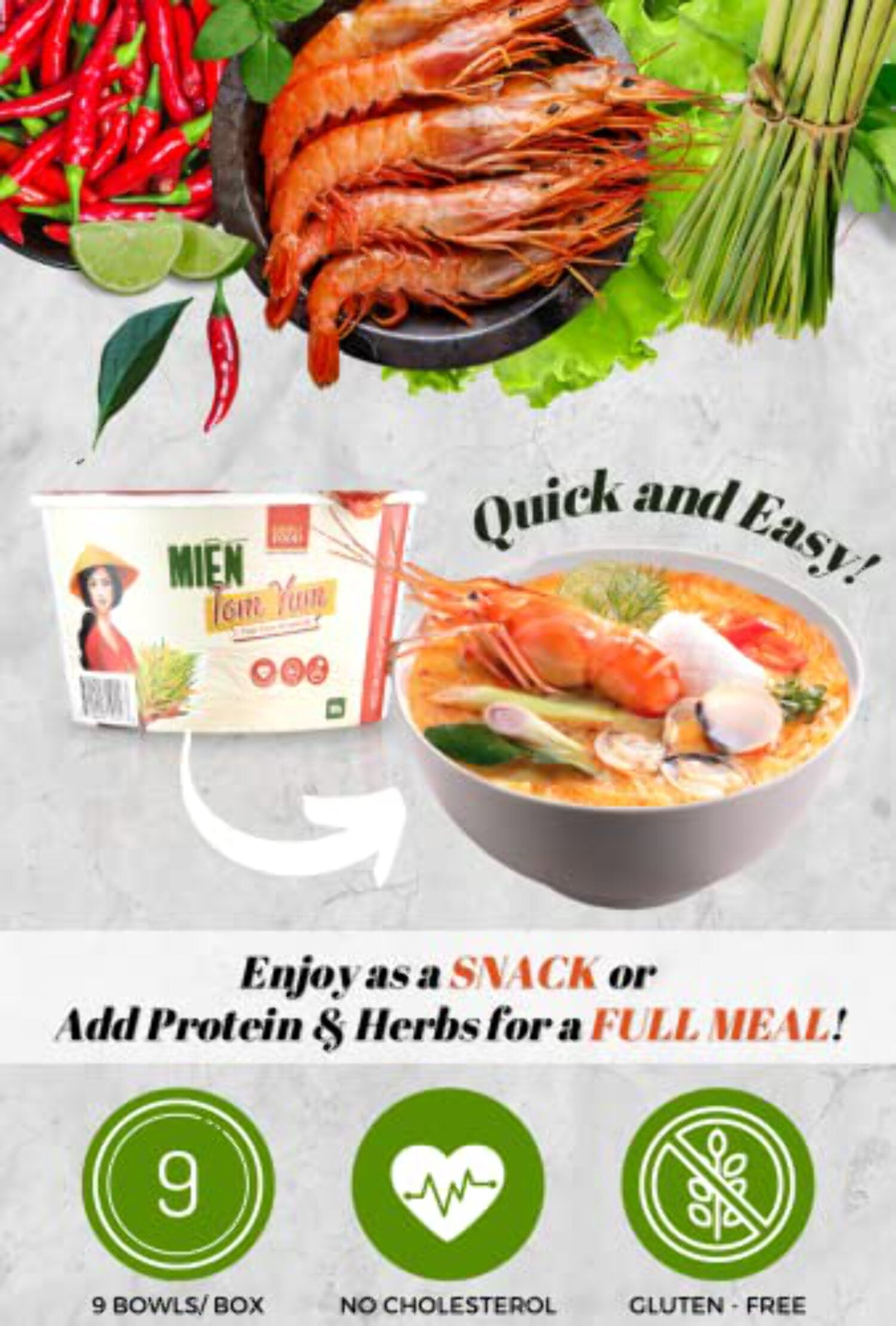 Instant Tom Yum Glass Noodle (9 Bowls/Box): $1.99 per Bowl (55g), Fork Included by Simply Food