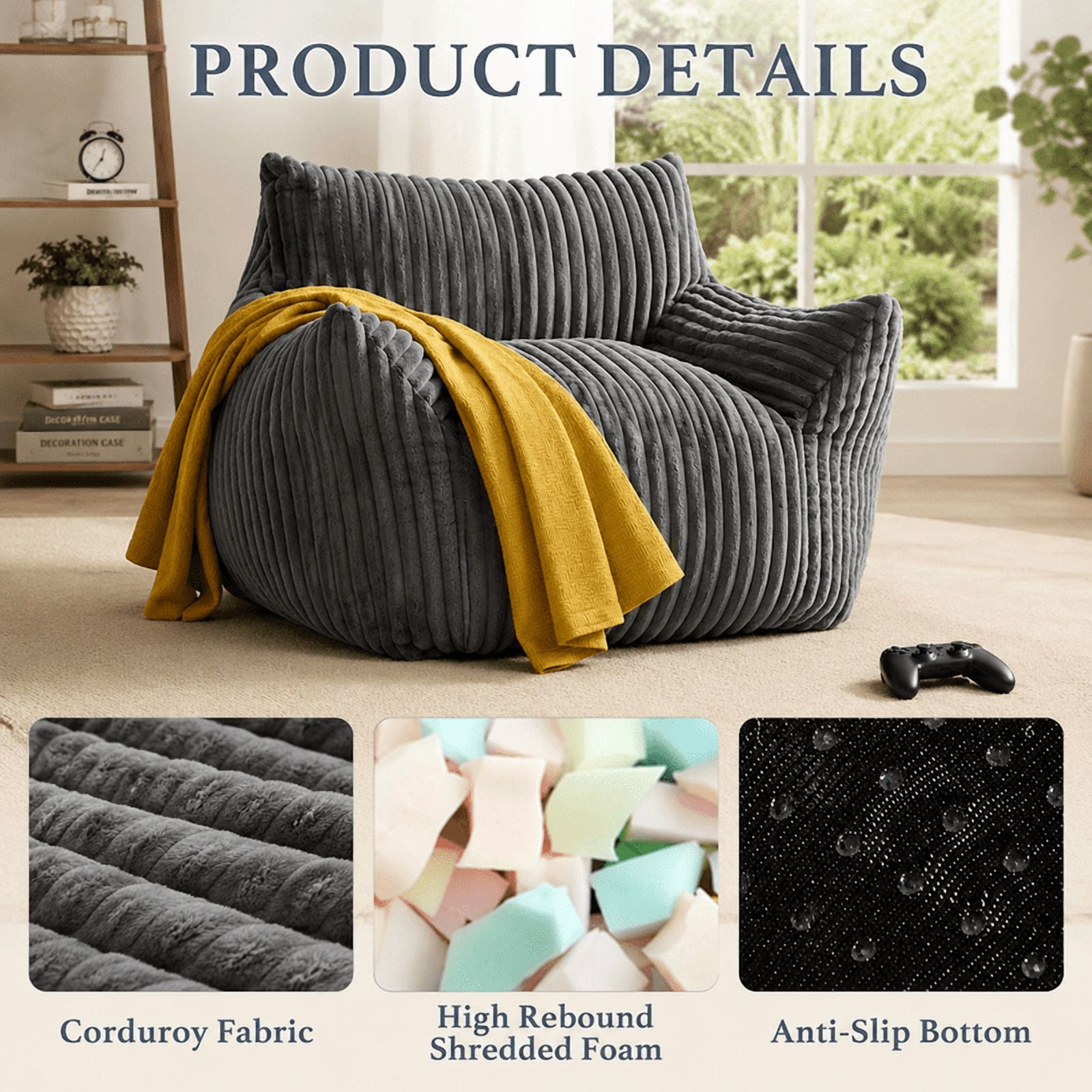 Giant Bean Bag Chair for Adults, 46" Oversized Corduroy Bean Bag Sofa with Armrests, Shredded Foam Floor Lounge Chair, Supports 400 lbs, Black