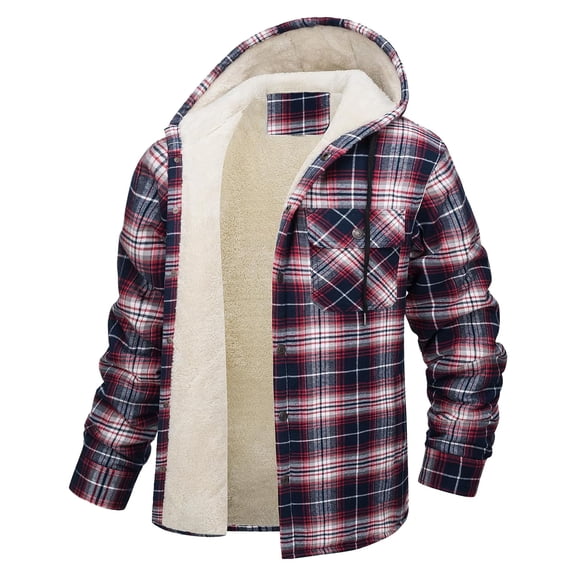 uikmnh Mens Winter Jackets Male Flannel Pocket Shirt Plaid Men's Sports Hooded Jacket Size:2XL