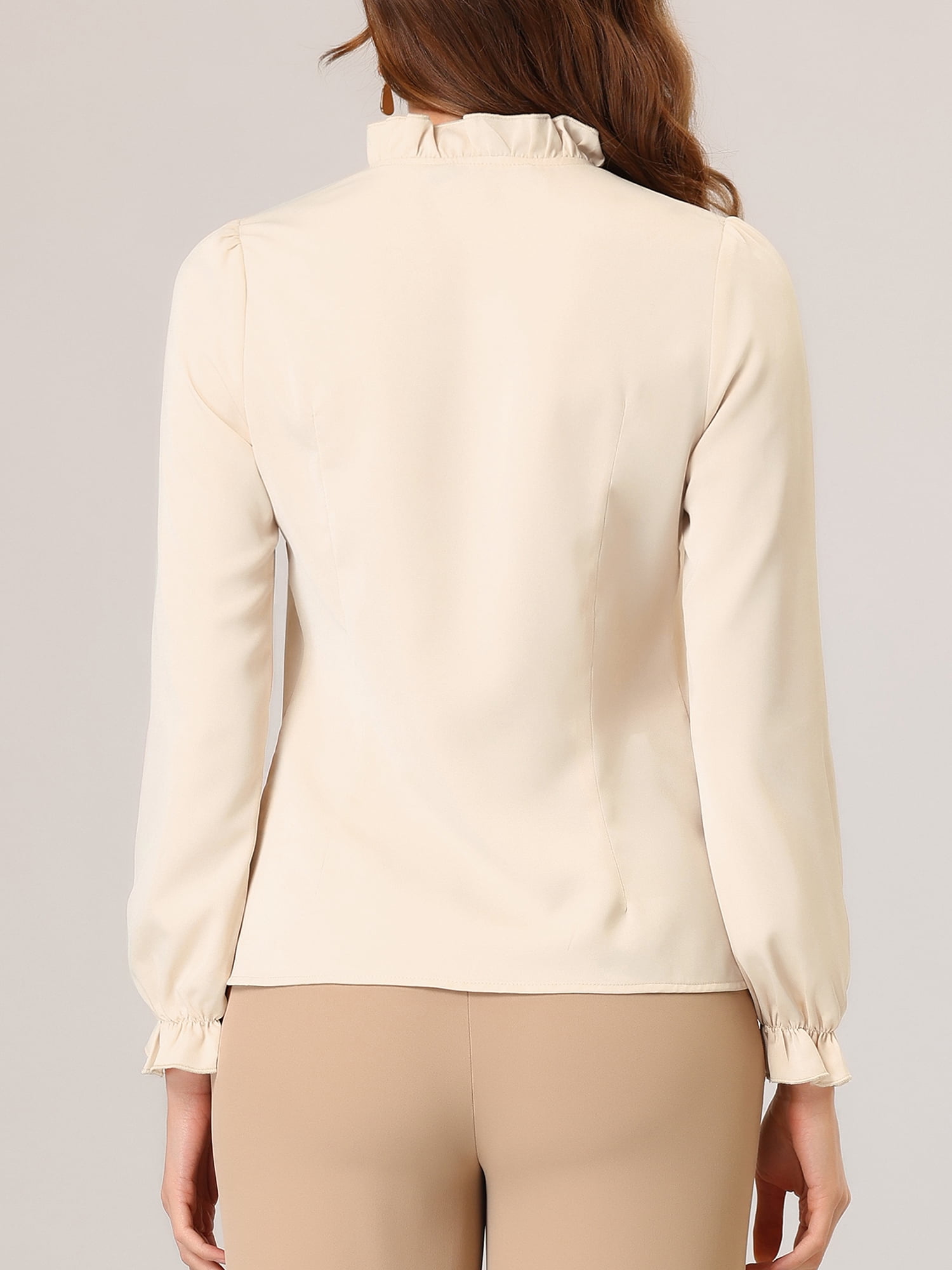 DARING DIVA Women's Spring Blouse Long Sleeve Ruffle Tie Neck Business Top S Beige