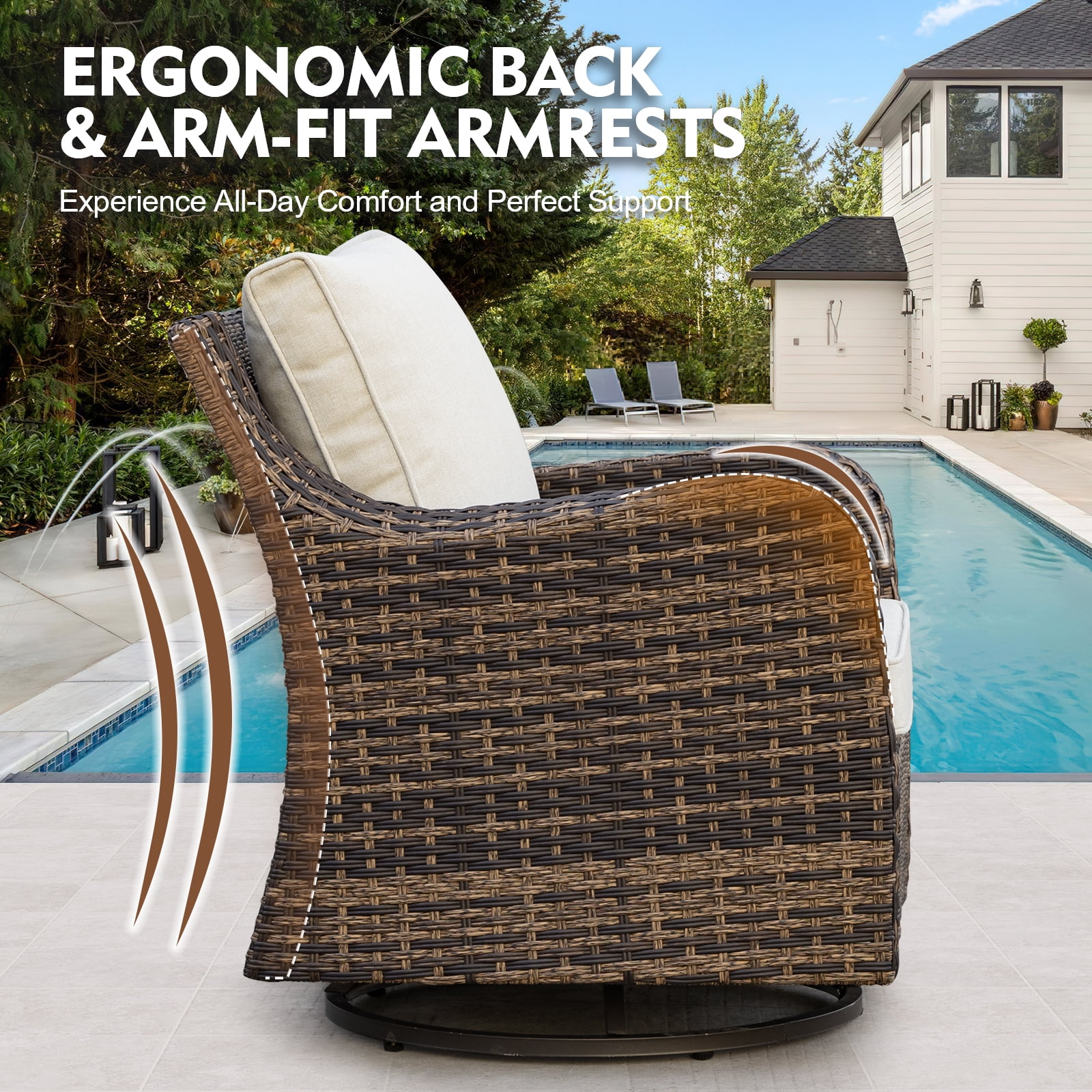 MEISSALIVVE 5 Pieces Patio Furniture Set with 43" Fire Pit Table, Wicker Patio Conversation Set with Swivel Rocking Chairs, Outdoor Patio Set for Lawn Backyard Porch (Brown)