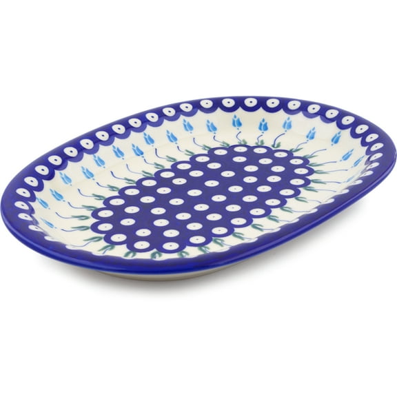 Polish Pottery 11½-inch Oval Platter (Peacock Tulip Garden Theme) Hand Painted in Boleslawiec, Poland Certificate of Authenticity