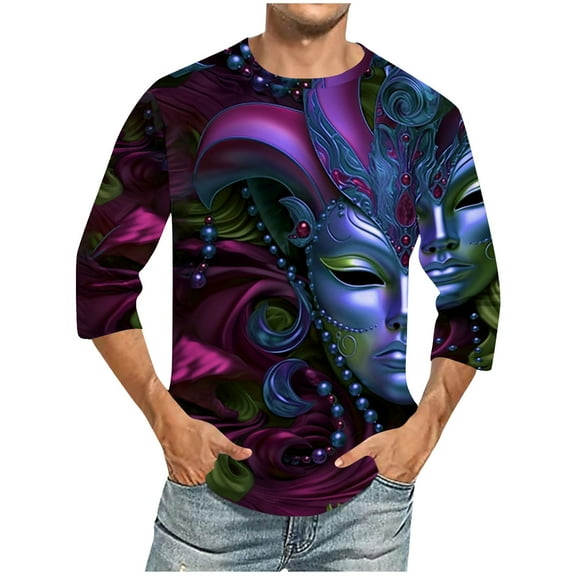 Xixinqiwan Men Tops Mardi Gras Mask Beads Shirts,Mask Graphic Print Casual Seven Sleeves T Shirt Tops Carnival Party Costume