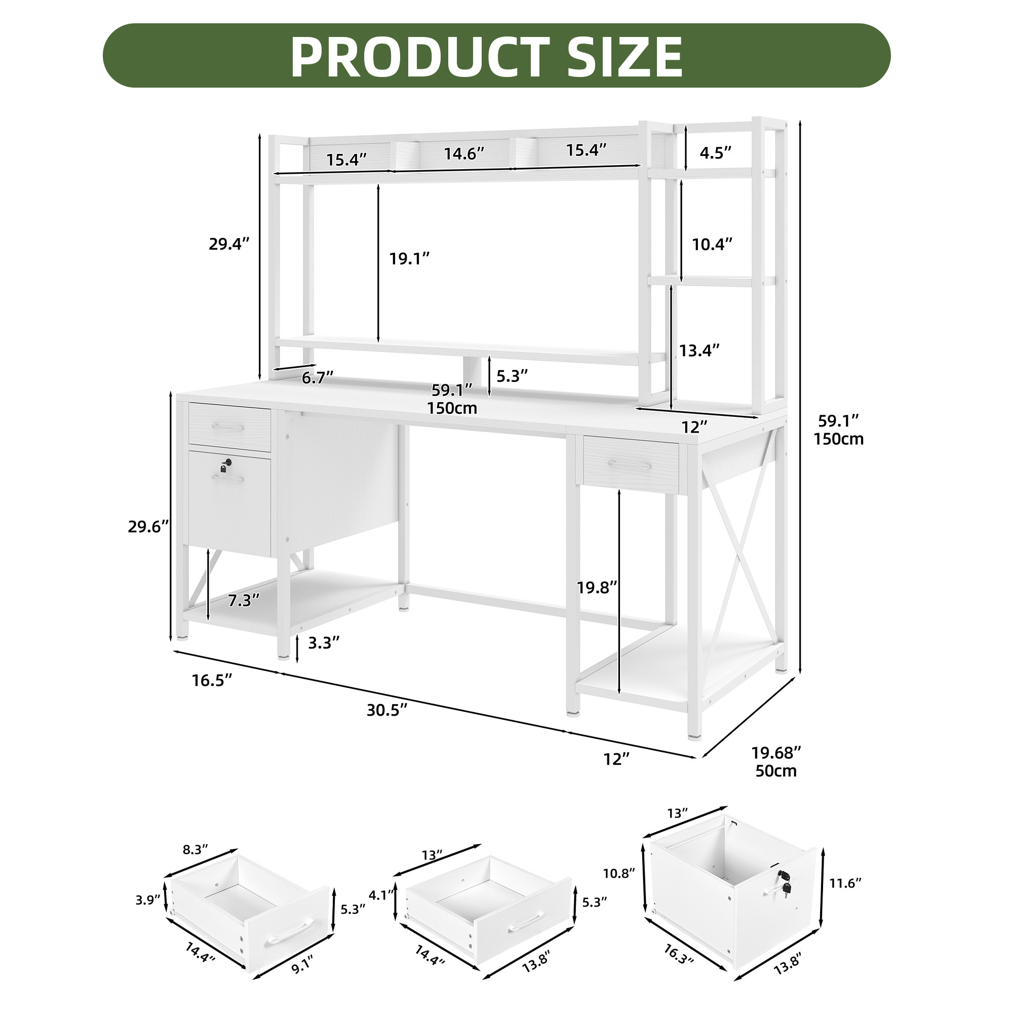 Uforic 59.1 Inch Rustic Brown Computer Desk with Hutch & Drawers with RGB LED Light Strip Multi-Shelf Storage with Sturdy Metal Frame, White