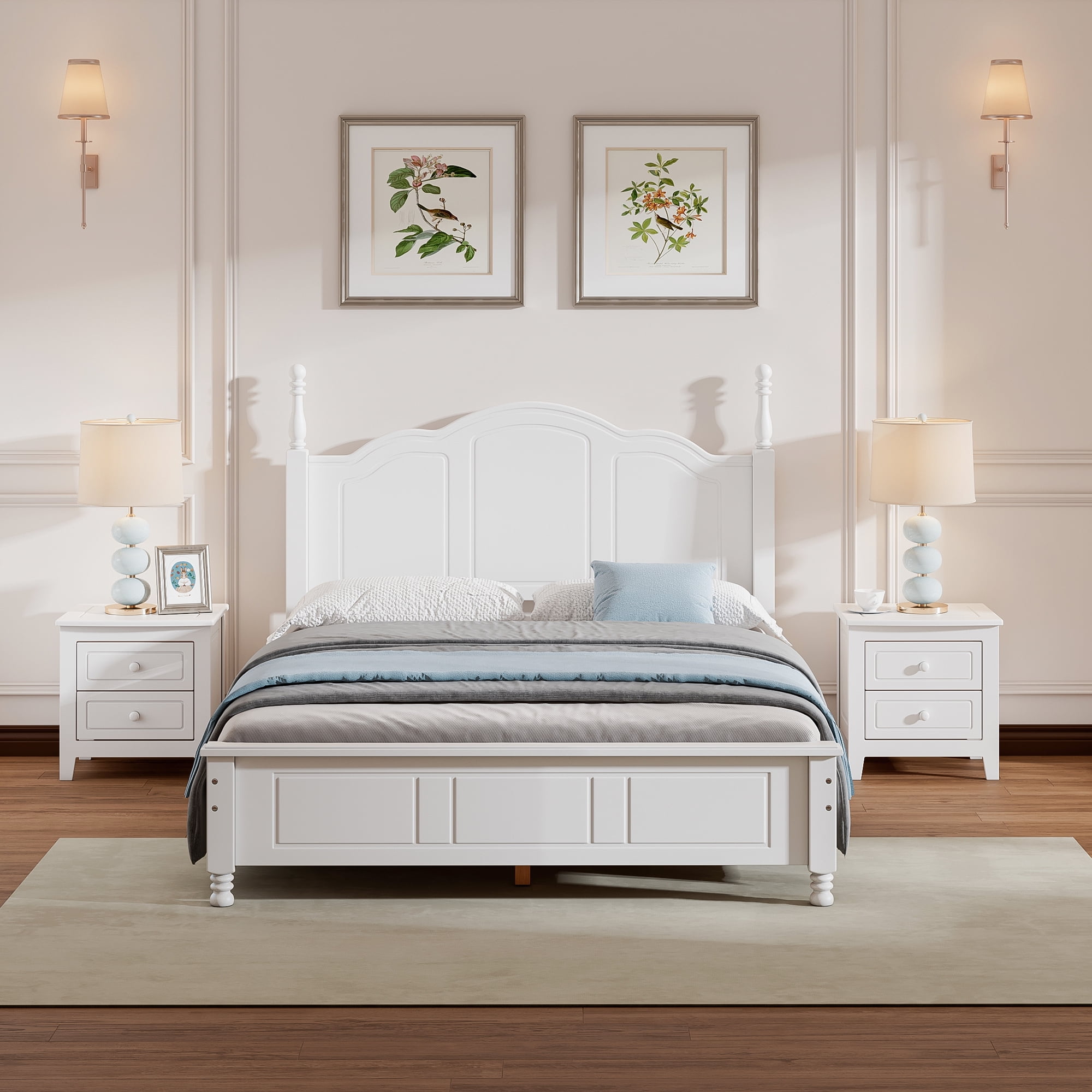 Euroco 3-Pieces Bedroom Set, Solid Wood Full Size Platform Bed with 2 Nightstand, White