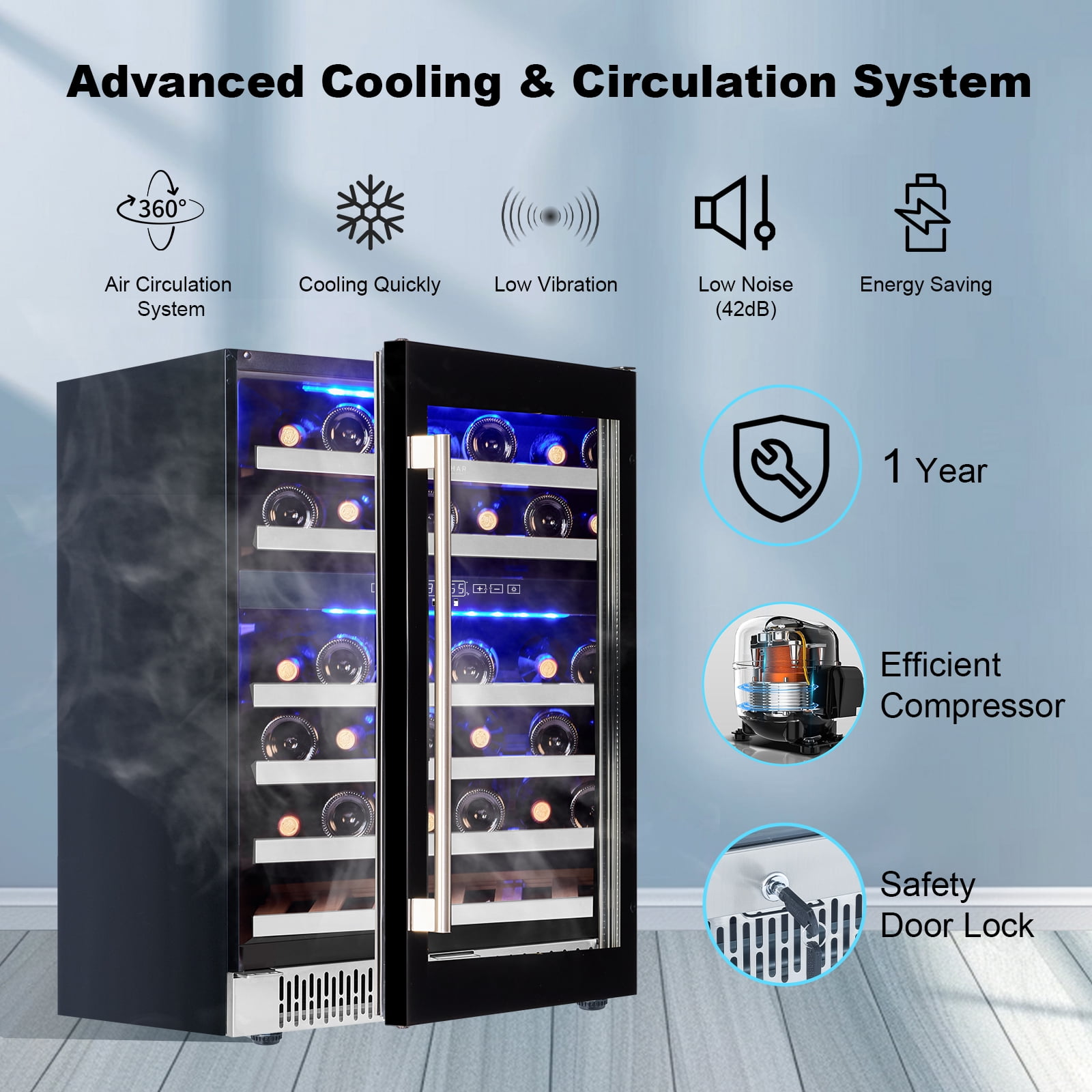 Luchar Wine Fridge 24 Inch, 46 Bottles Wine Cooler with Temperature Memory & Touchscreen Design, Double UV Glass Door and Removable shelves, Black