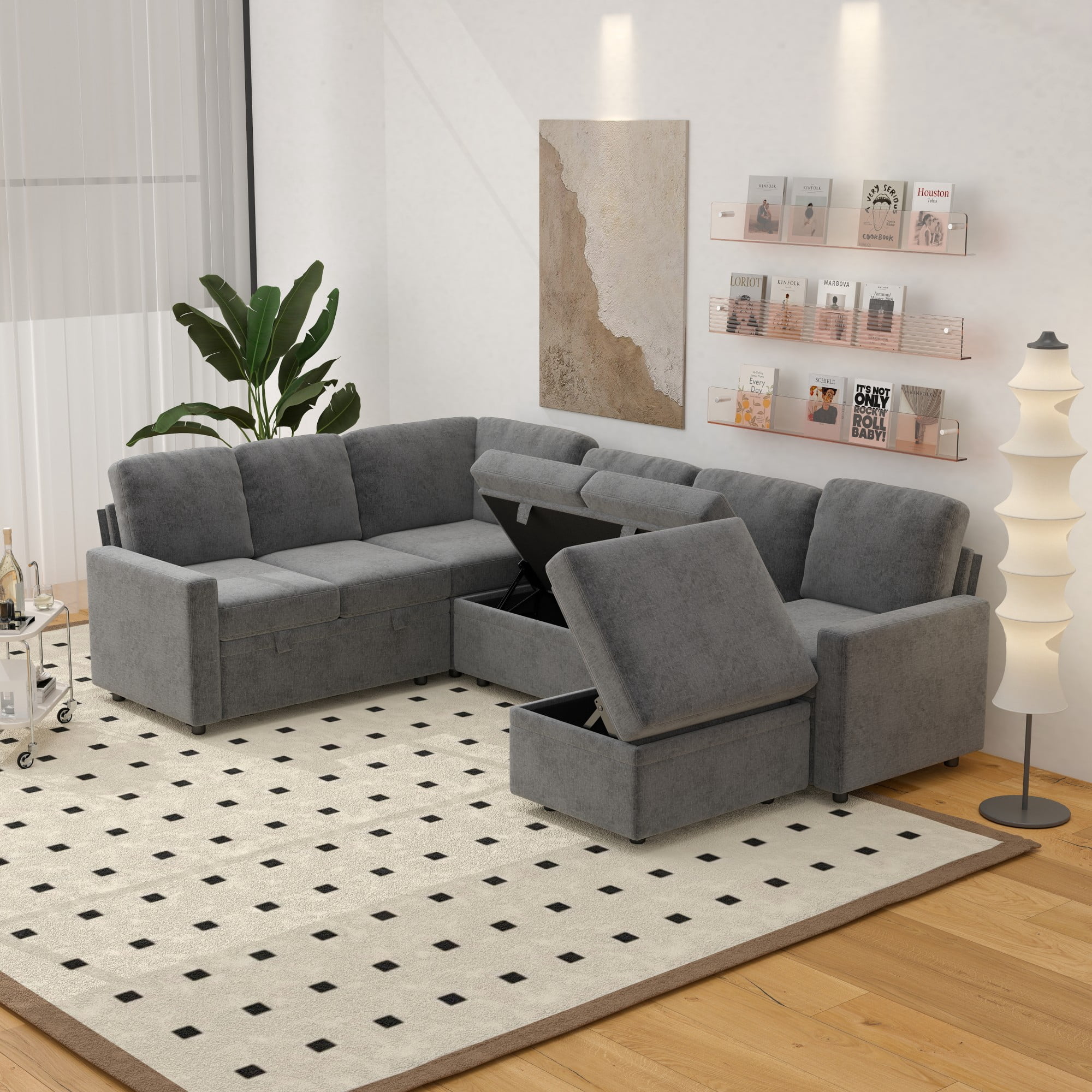 Gewnee 6-Seater Gray L-Shaped Convertible Sofa - Skin-Friendly & Wear-Resistant Chenille Fabric, Multifunctional Storage, for Living Rooms & Halls（including 1 footstool）