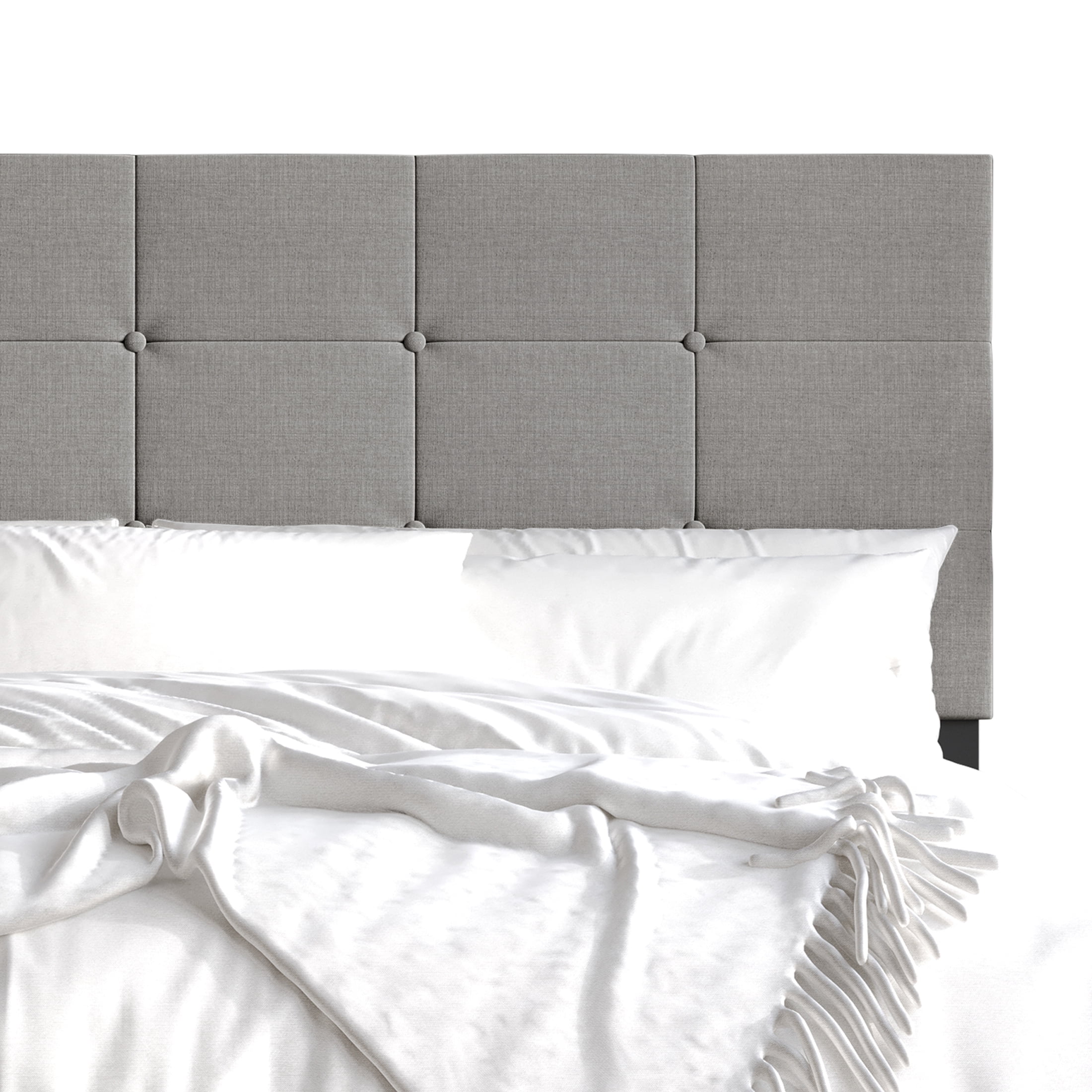 Castle Place Elegant Square Tufted Linen Upholstered Queen Platform Bed, Light Grey