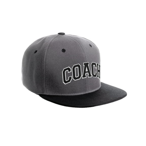Original Team Coach Snapback Hat Classic Layered Arched Letters Flat Bill Cap (Grey Black Hat White Black Letters)