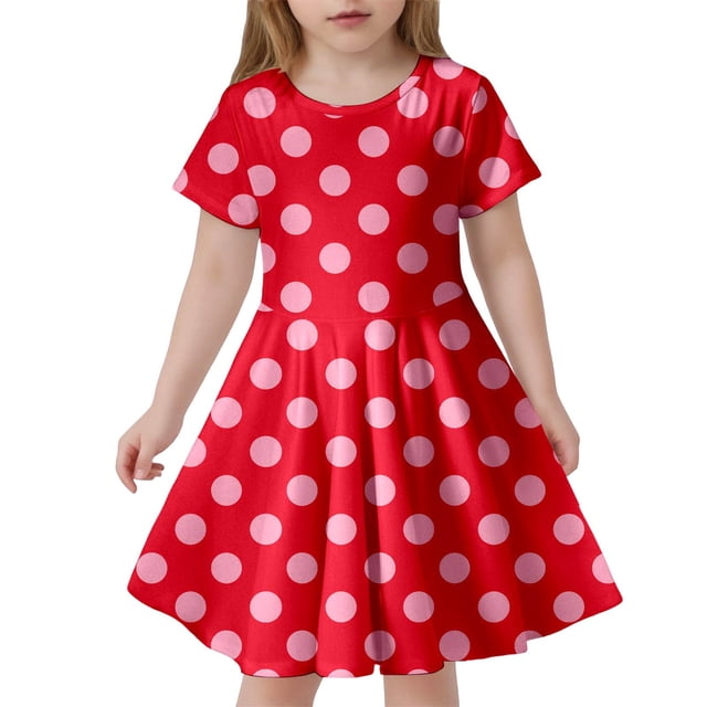 Robe Fille Manches Courtes Robes de Printemps pour Filles Robe Trapèze à Pois Robe de Fête pour Filles