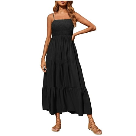 

Dresses for Women 2022 White Dress Women Women s Bohemian Spaghetti Strap Smocked Tiered Long Beach Sun Dresses Sleeveless Solid Maxi Dress Summer Savings Clearance 2022 Maternity Dress Black XL
