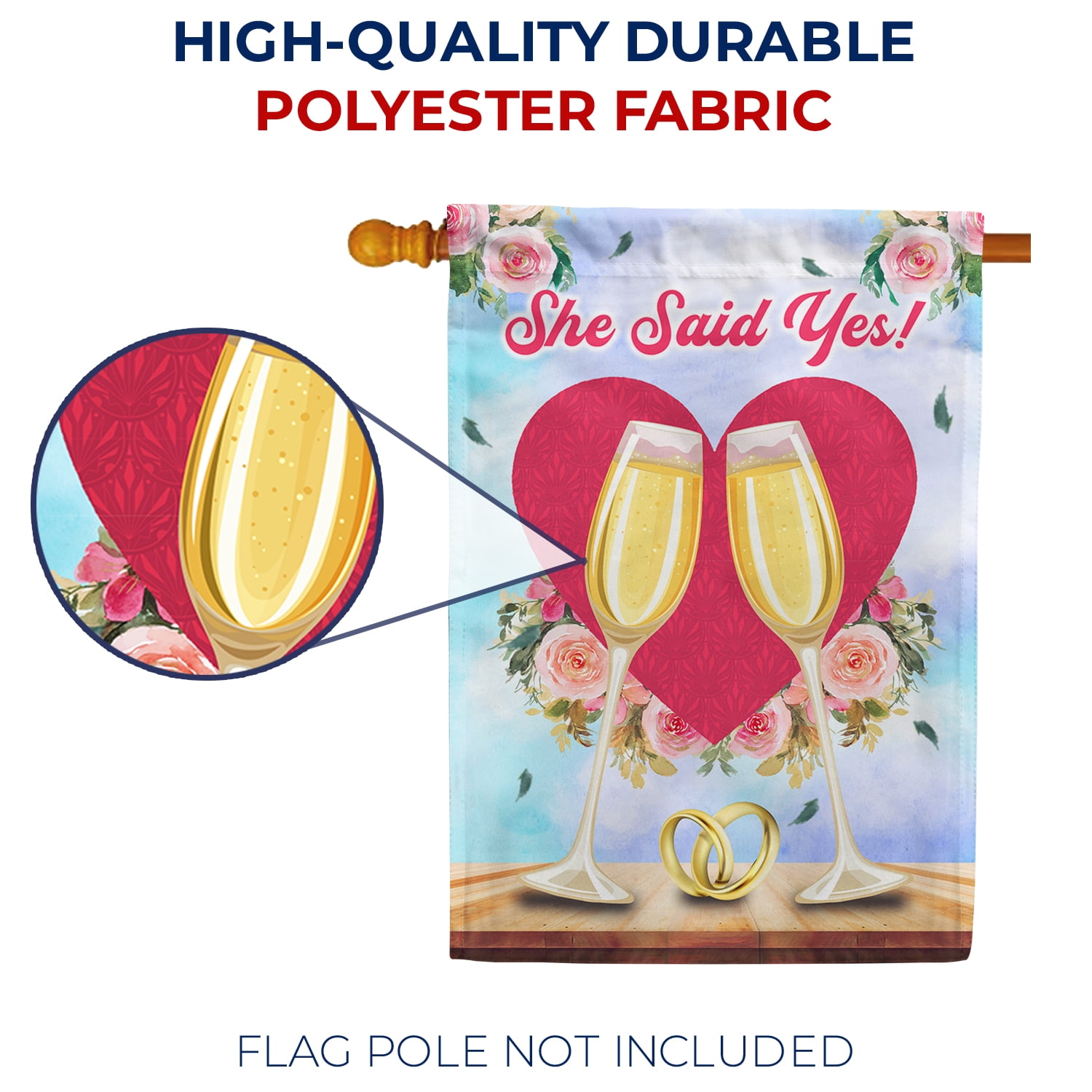 America Forever She Said Yes House Flag, 28 x 40 inch Double Sided, Engagement Celebration Banner, Wedding Rings Champagne Outdoor Decor, Bridal Announcement Yard Flag