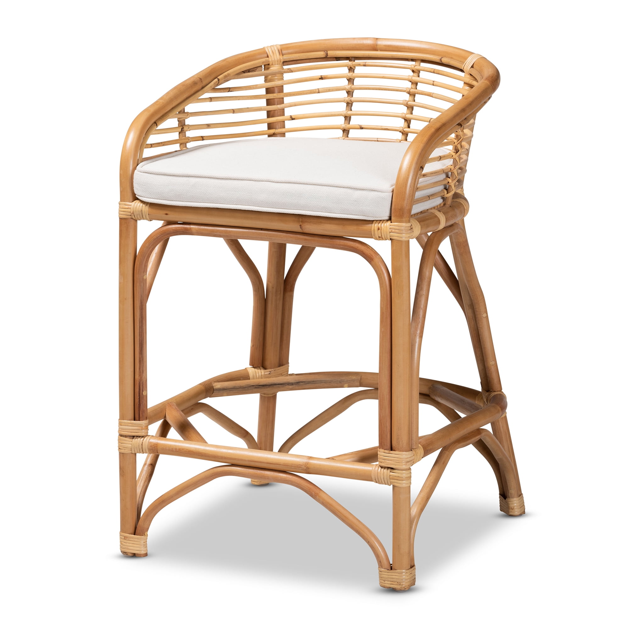 bali & pari Maverick Modern Boho White Fabric Upholstered and Brown Rattan Counter Stool