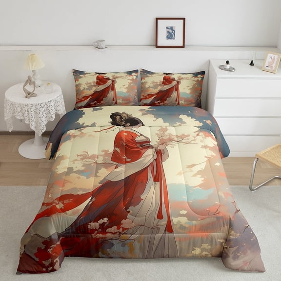 Erosebridal Geisha Print Bedding Queen Comforter Set, Vintage Watercolor Down Comforter, Japanese Style Decor, Breathable