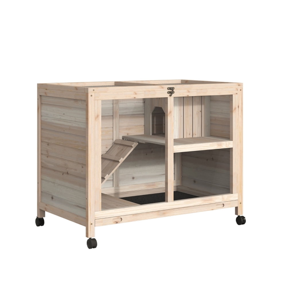 Kepooman 2 Tier Solid Wooden Rabbit Cage with 2 Transparent Rooms for Real Time Observation of Pet Status, Indoor Outdoor Rabbit Cage Guinea Pig Cage Small Animal Pet House, Natural