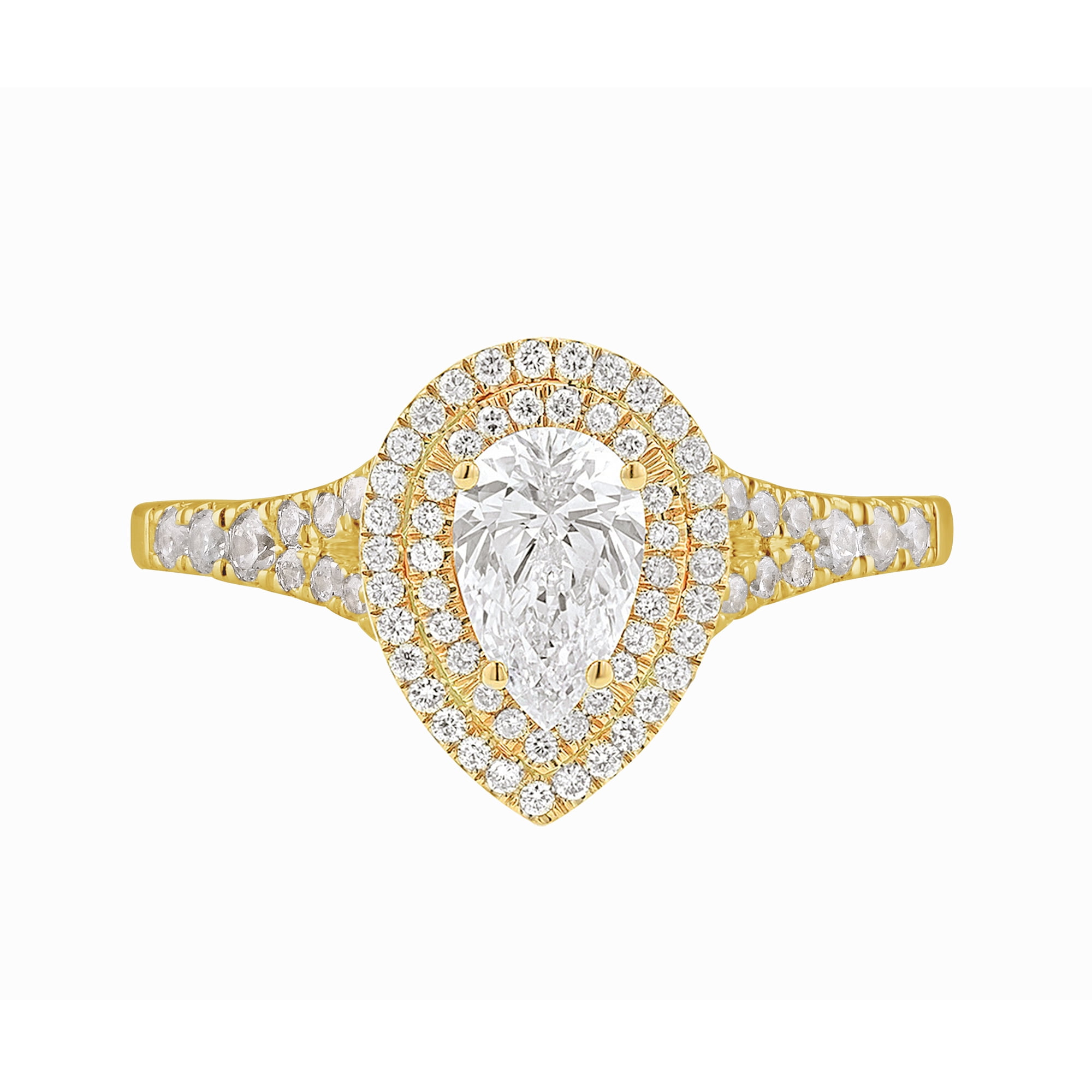Arista 0.88 ct Pear Swarovski Diamonds Women's Double Halo Engagement Ring Yellow plated Sterling Silver
