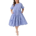 thumbnail image 2 of Agnes Orinda Women's Plus Size Easter Gingham Dresses Crew Neck Flared Short Sleeve Tiered Summer Casual Maxi A Line Dress with Pockets 2X Dark Blue, 2 of 5