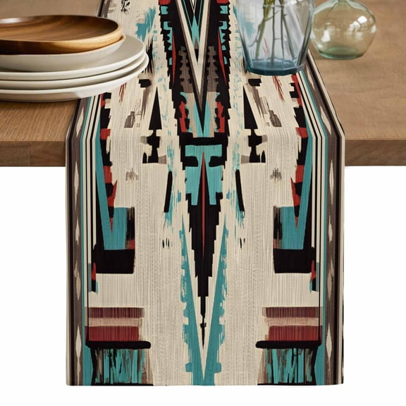 Boho Red Teal Brown Table Runner, Southwestern Retro Geometric Washable Cotton Linen Table Runners 36 Inches Long, Dresser Scarf Runner for Nightstand/End Tables/Round Tables 13''x36''