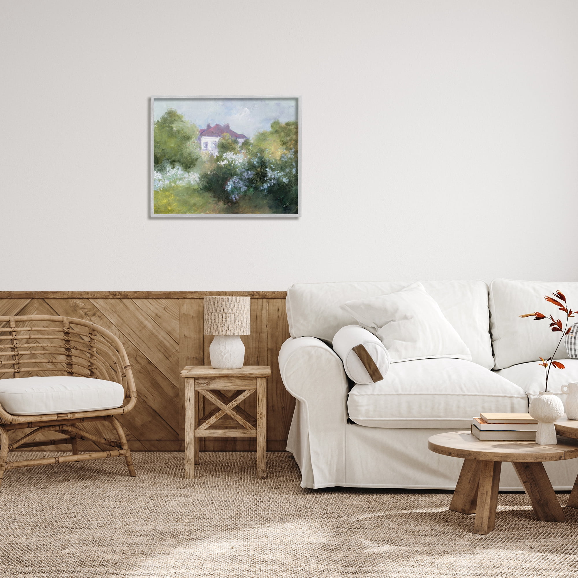 Stupell Industries Garden Cottage Villa Landscape Painting Gray Framed Art Print Wall Art, 30 x 24