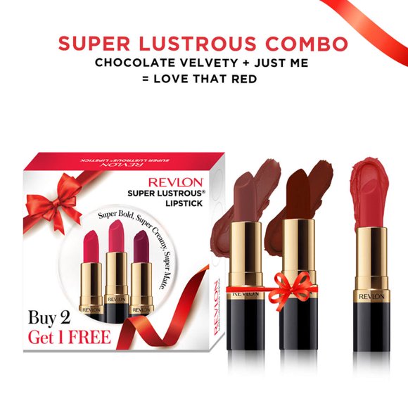 Revlon Super Lustrous Offre Combo de Rouges à Lèvres, Achetez 2, Obtenez 1 Gratuit, Chocolat Velouté, Juste Moi et Love that Red, 4 ml (Lot de 3)
