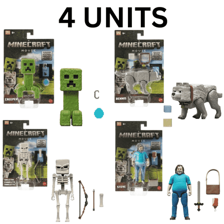 Minecraft Movie Action Figure Set Posable Collectible Toys with Accessories Creeper, Dennis, Skeleton and Steve the Wolf 3.25 to 4-Inch Figures for Play & Display, Ages 6+