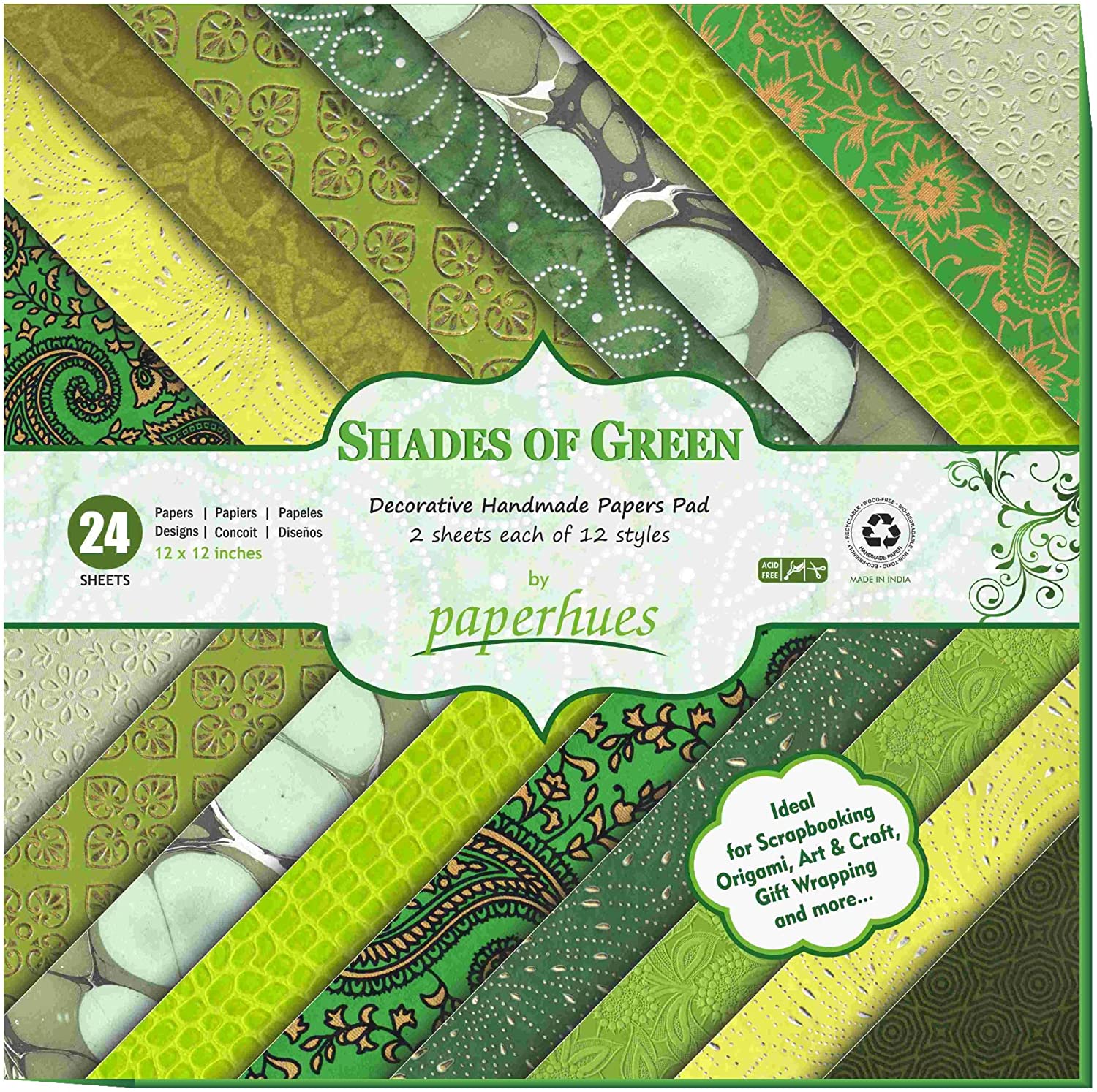 Paperhues Shades of Green Handmade Scrapbook Paper 12 x 12" Pad, 24