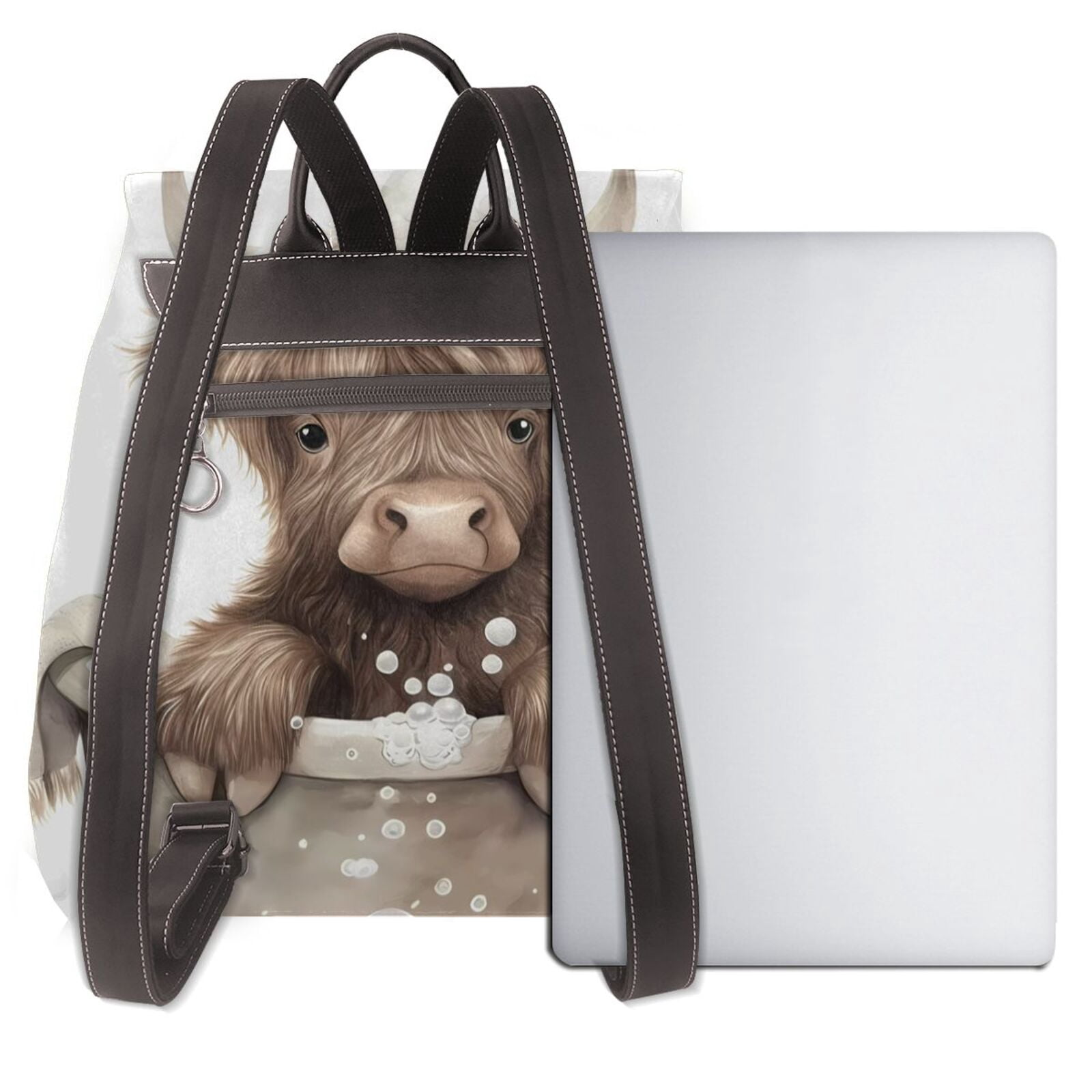 Xecao Cute Cow Bath Print Large Backpack Soft Leather for Women Travel with Compartment, Adjustable Convertible Strap