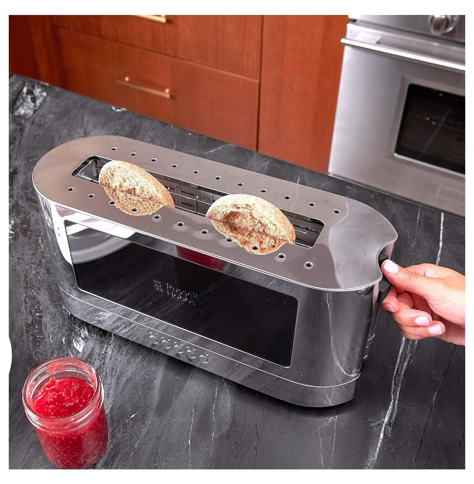 2 Slice Toaster, Black & Silver Glass Accent Toaster, Long Slot Toaster for Artisan Bread, Bagel Toaster with Warming Rack