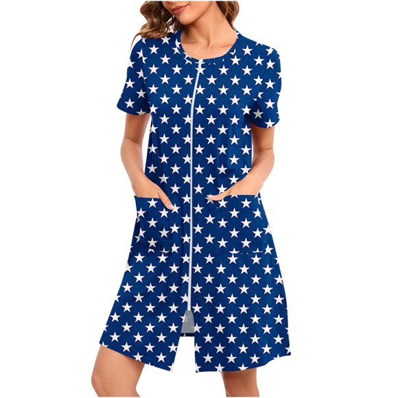 Women Zip up Robe, Short Sleeve Housecoat with Pockets Soft Loungewear Zipper Nightgown Bathrobes Satin Robe for Lady Navy XXL
