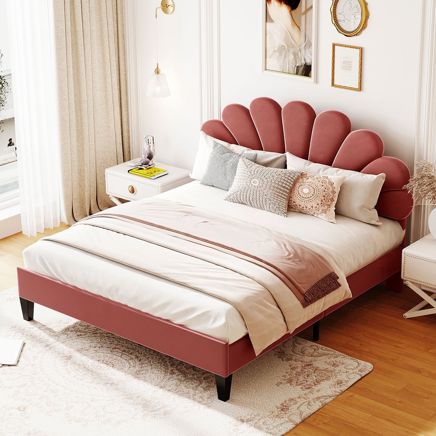 Harper & Bright Designs Queen Size Upholstered Platform Bed Frame with Flower Pattern Velvet Headboard, Bean paste red