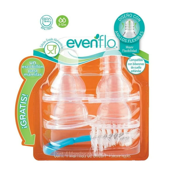 Mamila Evenflo Estándar Flujo Medio 4 Piezas + Escobillón