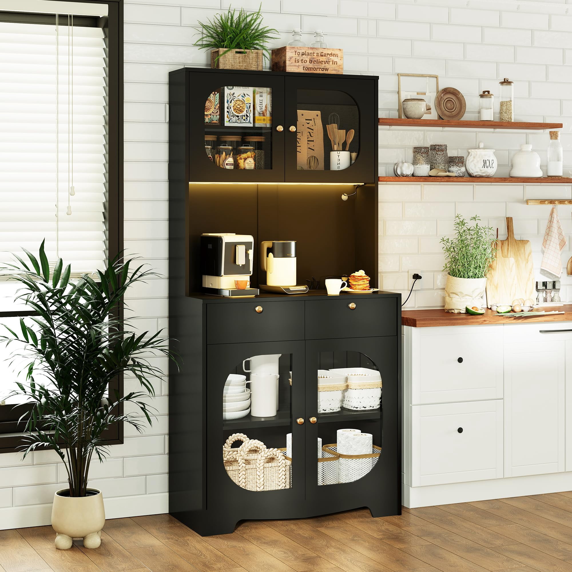 71" Kitchen Pantry Storage Cabinet with Lights and Charging Station, Tall Hutch Cabinet with Storage and Microwave Shelf for Dining Room, Black