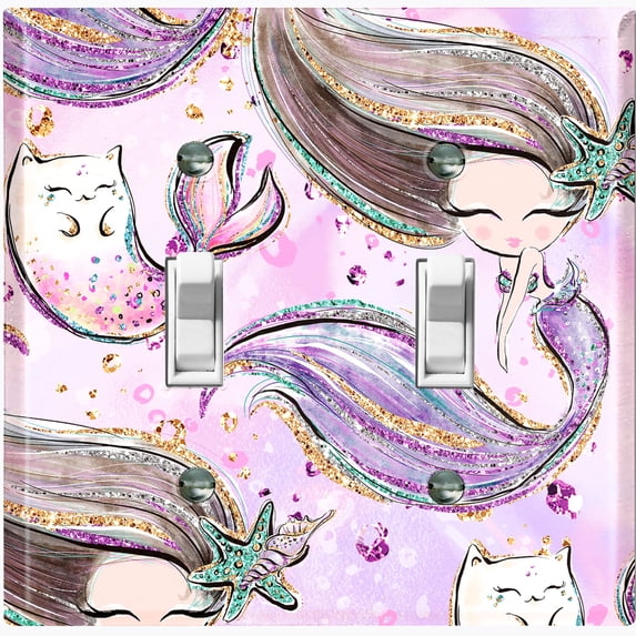 Metal Light Switch Wall Plate Outlet Cover (Mermaid Cat Pattern Glitter Print Pastel - Double Toggle)