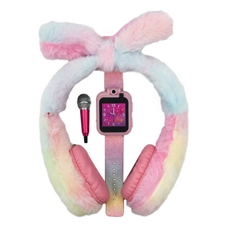 iTECH Jr Kids Smartwatch With Mini Mic & Headphones, Pink Glitter Strap, Faux Fur Bunny Ears Headphones
