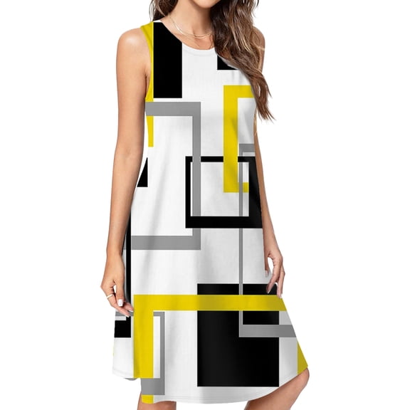 Black Yellow Geometric Lines Modern Art Dress Elegant Party Dresses Evening Dresses Women Dress Sleeveless Dress Ladies Dresses