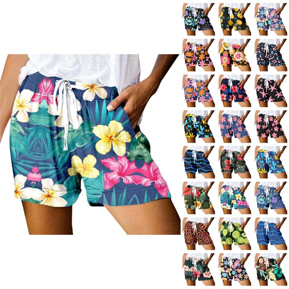 Beach Shorts for Women Summer Casual Lightweight Relaxed Fit Elastic High Waist Athletic Shorts with Pockets