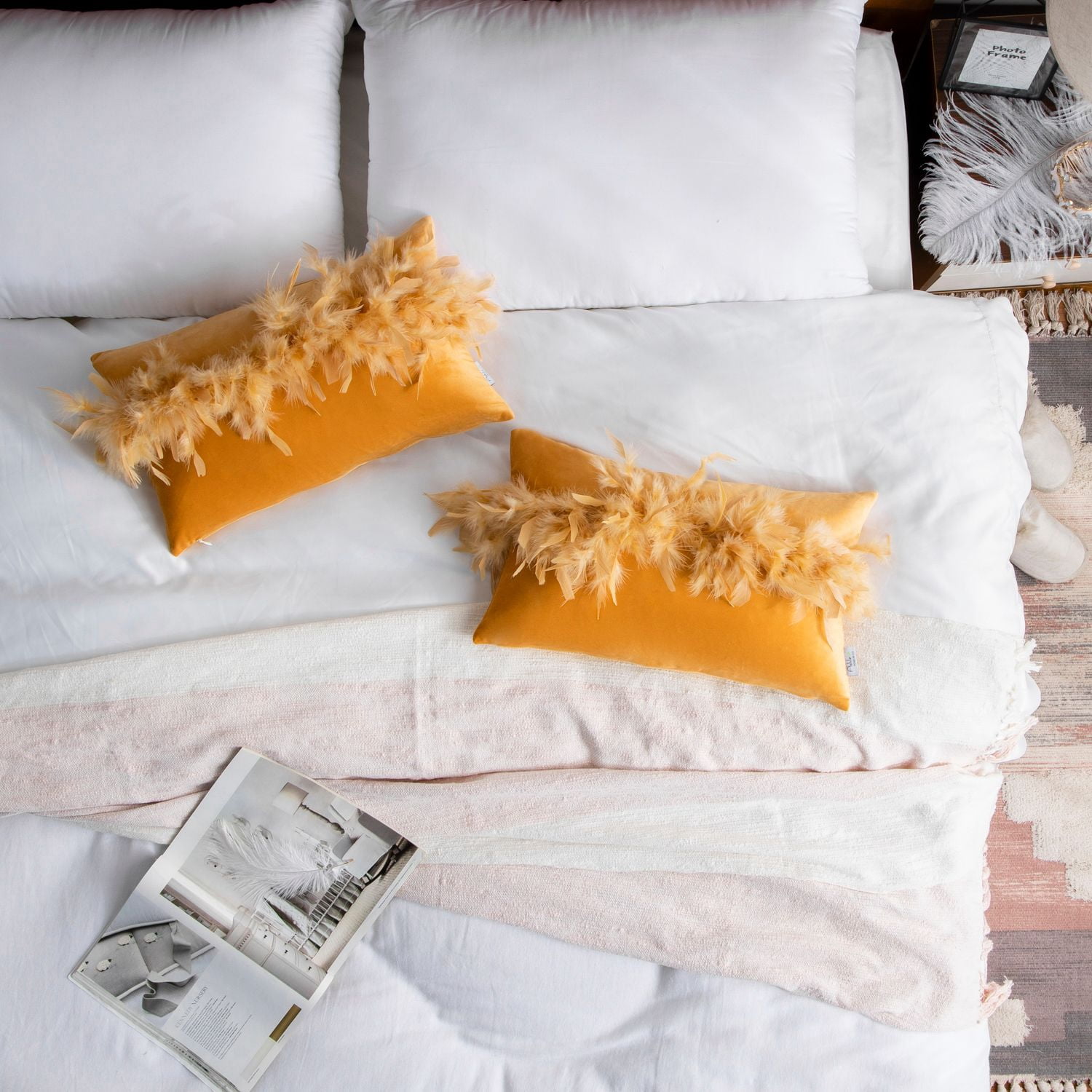 Phantoscope Feather Velvet Decorative Throw Pillows, 12 x 20 in, Orange, 2 Pack
