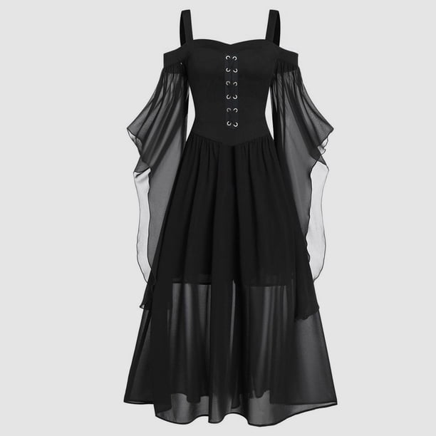 WILLBEST Vestidos Casuales para Mujer con Curvas Vestidos para Mujer de Talla Grande Moda Estilo Gótico Vestido Midi Vintage con Mangas Largas Acampanadas Vestido de Fiesta Línea A XXXXXGrande