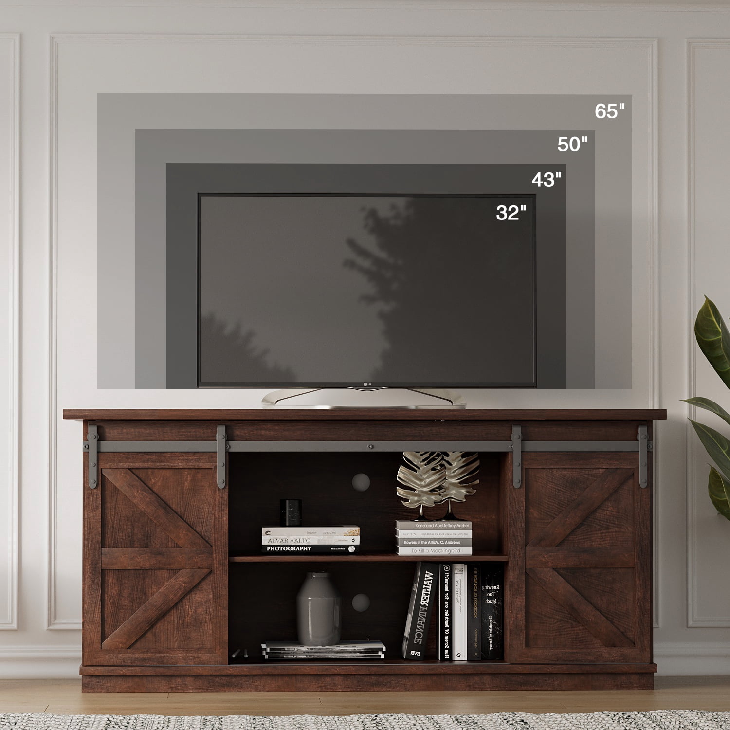 Vineego 58 Inch Farmhouse TV Stand and Entertainment Center for Televisions,with Sliding Barn Doors and Storage Cabinets,Chocolate