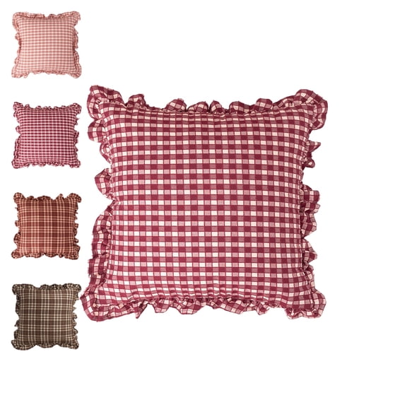 Ruffle Gingham Pillow Covers Farmhouse Checkered Pillowcase Chic Vintage Square Decorative Cushion Cover for Bed Sofa Living Room - B