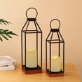 thumbnail image 4 of Perfnique Black Metal Lantern w/Wood, Set of 2 Rustic Lantern Decorative w/ Waterproof Flameless Candle & Remote Timer, Farmhouse Lanterns Candle Holder for Outdoor, Indoor, Mantle Decor (No Glass), 4 of 8
