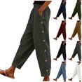 thumbnail image 1 of Pincandy Women's Solid Color Elastic Waist Corduroy Casual Pants, Side Pockets, Side Buttons, Casual & Daily Wear, 1 of 7