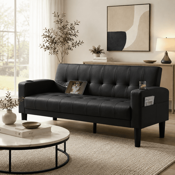 LAZZO 62" Loveseat, Mid-Century Modern Faux Leather Tufted Couch with USB Charging Ports and Cupholders, Black