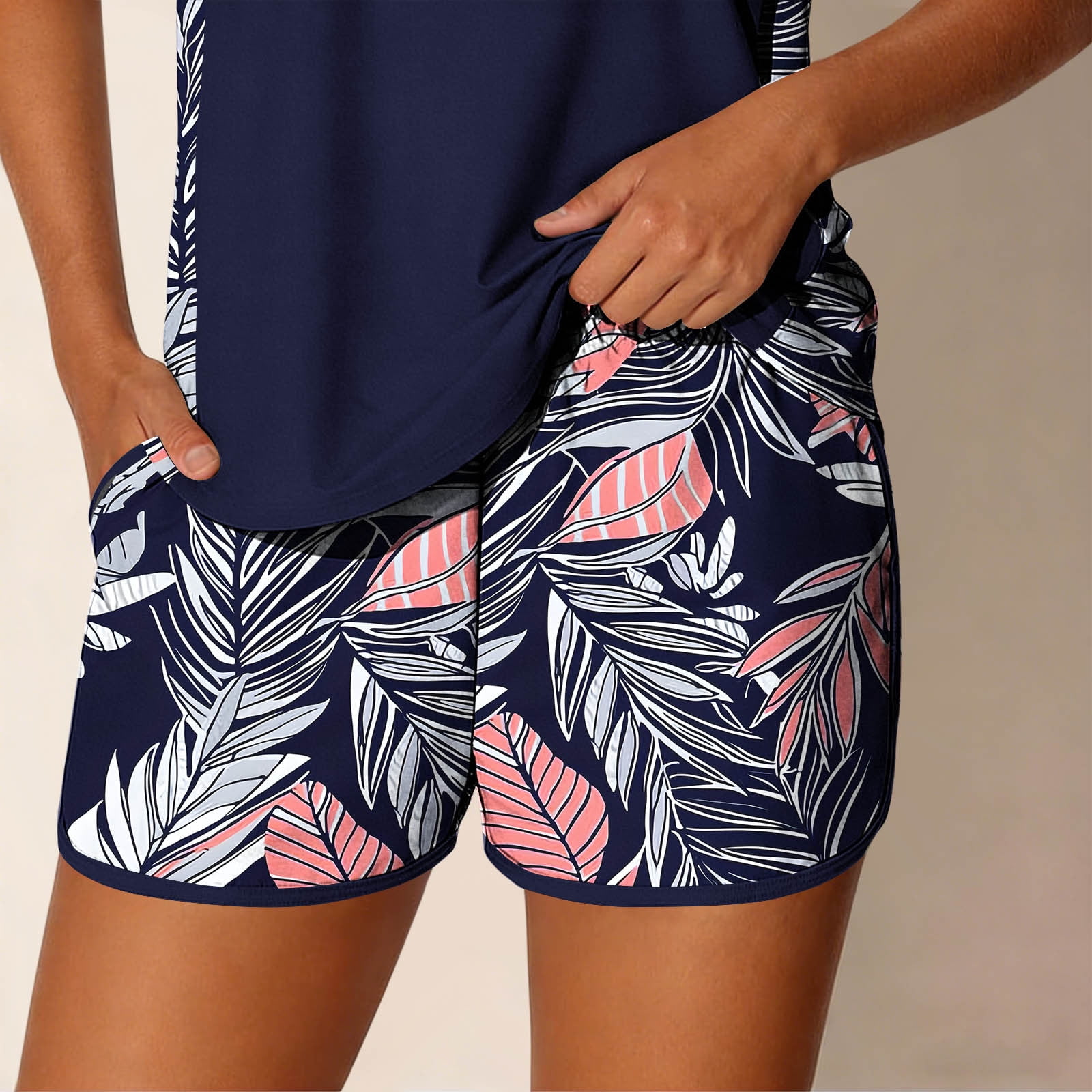 Blouson Tankini Swimsuits for Women Tummy Control Two Piece Bathing Suits with Sporty Pockets Swim Shorts