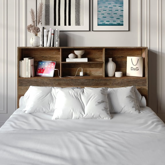 Home Design Pomona King Freestanding Bookcase Headboard with Storage Shelves & Built-In Power Outlet, Vintage Oak