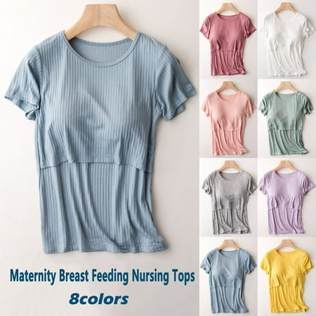Lolmot Womens Maternity Nursing Tops with Built in Bra for Breastfeeding Short Sleeve Soft Maternity Shirts Double Layer Breastfeeding Tees Blouse Round Neck Pregnancy Clothes
