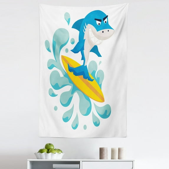 Ride the Wave Tapestry, Funny Shark Surfing in the Ocean Athletic Fish Graphic Art, Fabric Wall Hanging Decor for Bedroom Living Room Dorm, 5 Sizes, Violet Blue Turquoise, by Ambesonne