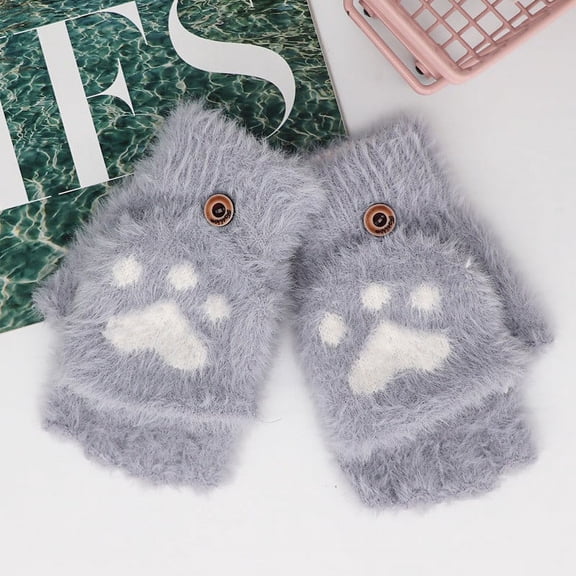 JMKQLZ Kids Knitted Half Finger Gloves with Flip Top Winter Warm Cute Paw Printing Typing Gloves Convertible Mittens for Girls Boys