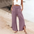 thumbnail image 6 of Wide Leg Linen Pants for Women Cropped Elastic Waist Ruffle Hem Beach Flowy Pants with Pockets Womens Spring Pant Dark Purple 2XL, 6 of 7